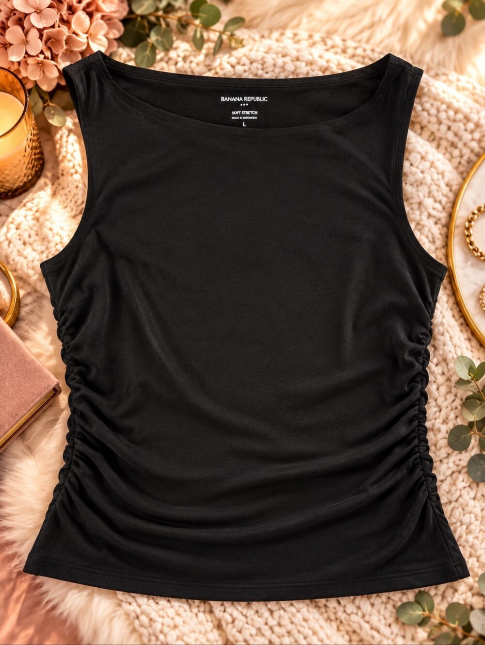 Banana Republic Soft Stretch Black Ruched Tank Top Women’s L NWOT